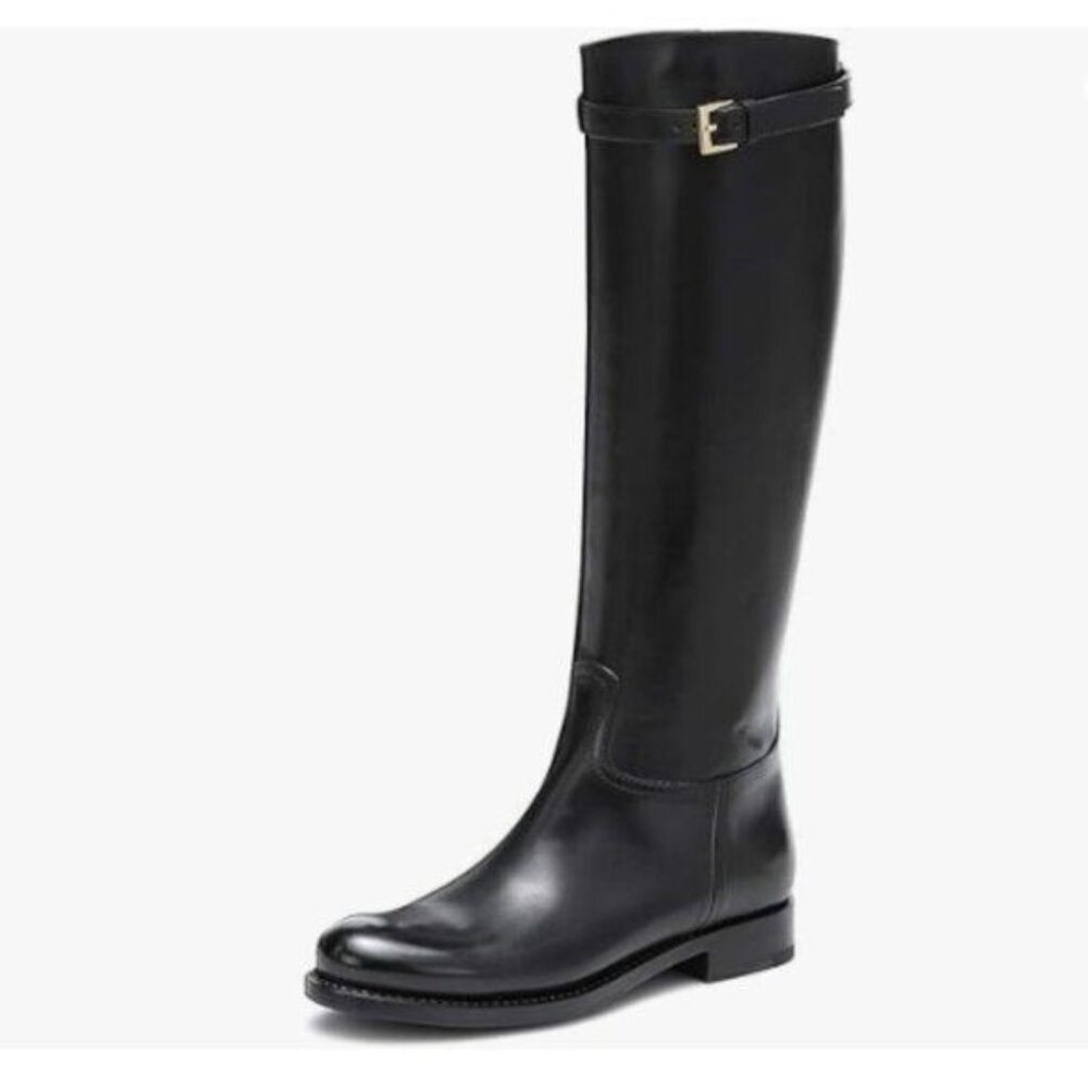 FSJ Women Regular Round Toe Flat Riding Knee High Boots Wide Calf Black Boots